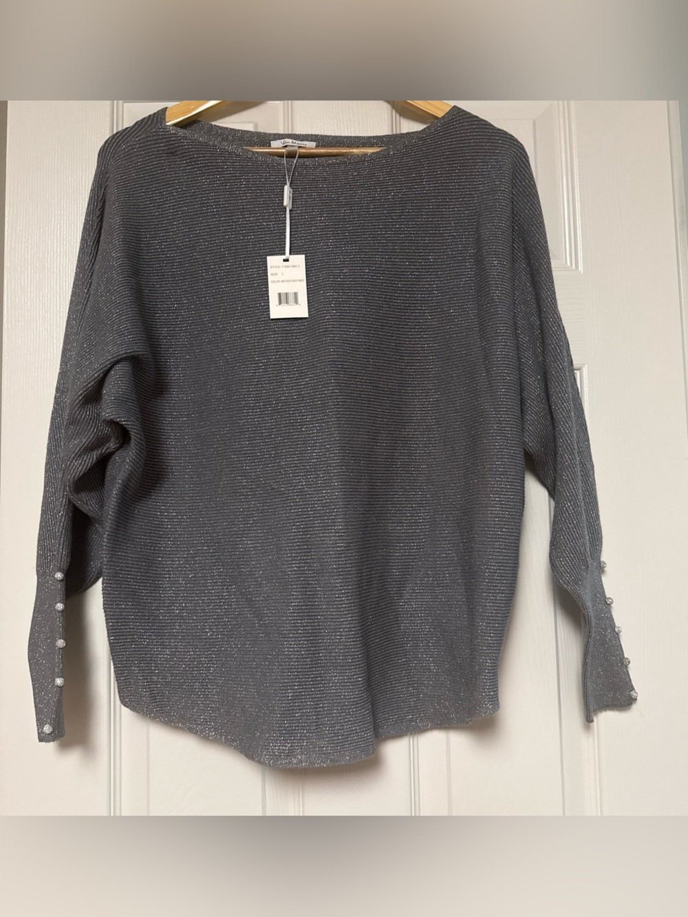 Vera Mont Metallic Gray Scoop Neck Sweater with Pearl Sleeve Buttons